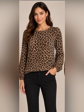 White House Black Market Leopard Print Tie-Back Long Sleeve Blouse - Brown/Black